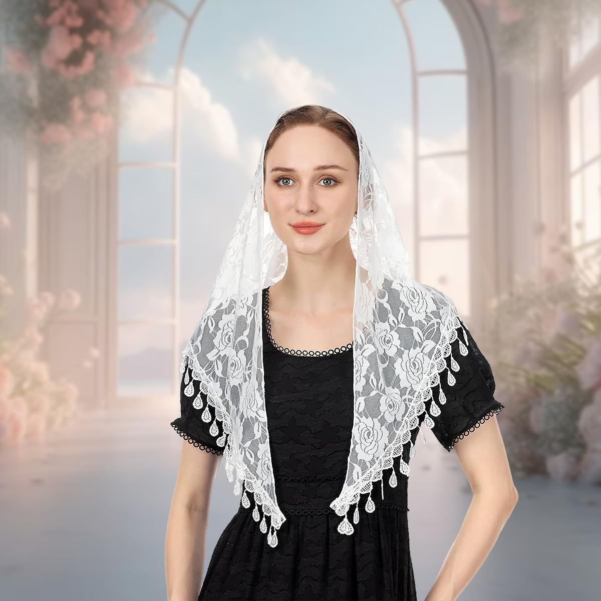 PALAY Mass Veil for Women, Triangle Chapel Mantilla Lace Veil Shawl, Embroidery Rose Tassle Head Scarf Covering, Ladies Church Cathedral Headwear - White