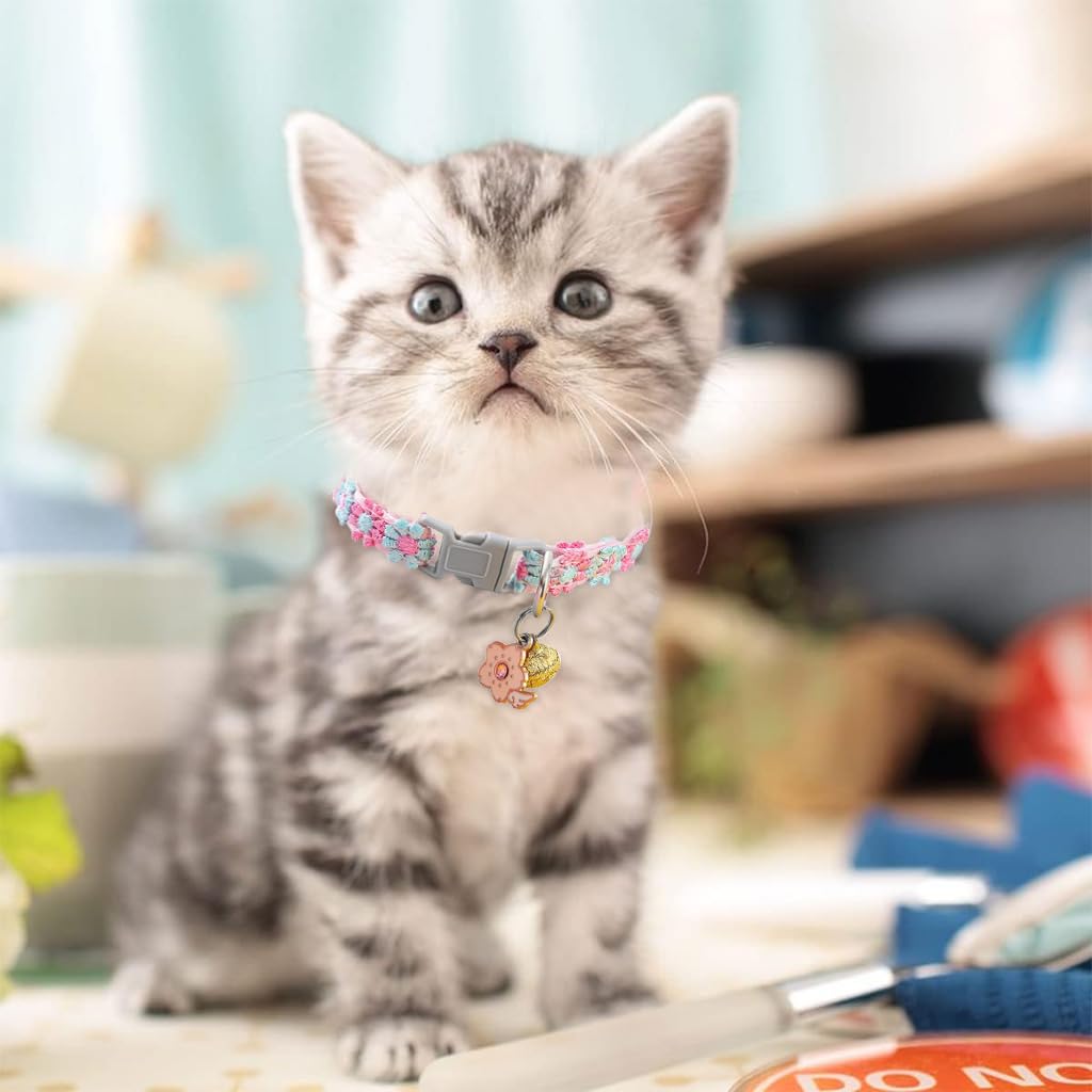 Qpets Floral Cat Collar, Cute Color Flower Cat Collar with Bell, Embroidery Handmade Sakura Charm Adjustable Quick Release Small Pet Collar