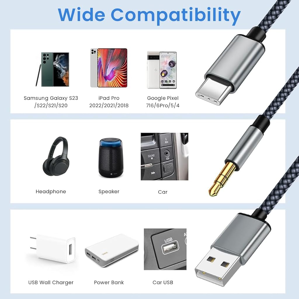 ZORBES USB C Charging Cable 2 In 1 USB C Audio Cable USB C to 3.5mm Jack Aux Cable USB C to USB A Charging Cable Data Cable Car Audio Cable Compatible with iPhone 15, Galaxy S24 Ultra/S24/S23/S22
