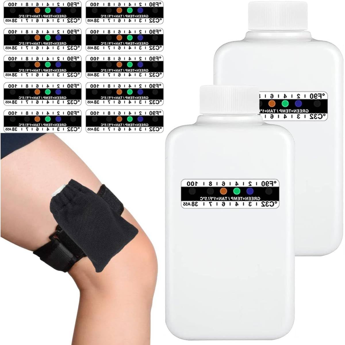 HANNEA 14 Pcs Urine Test Complete Kit, 2 Translucent Portable Travel Empty Bottles, 10 Adhesive Temperature Test Strips, Hidden Leg Strap Oxford Pouch, Temperature Test Urine Strip Sticker