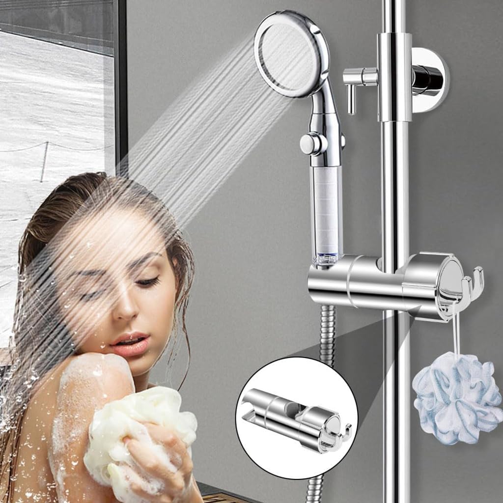 HASTHIP Bathroom Shower Head Holder with Intergrated Hooks Universal Shower Slide Bar Bracket for 16-27mm Modern ABS Shower Bracket with Dual Hanging Hook Adjustable Shower Slide Bar Bracket