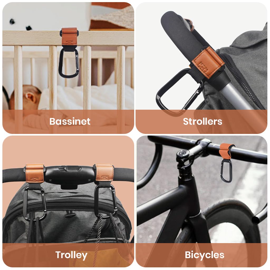 SNOWIE SOFT 2Pcs Stroller Hooks Quick Release Handle Bar Carabiners for Hanging Items Adjustable Hook and Loop Closure Leather Stroller Hooks Bag Hanging Hooks for Stroller, Pram, Pushchair