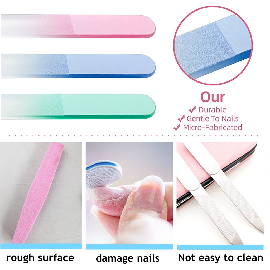 HASTHIP 3 pcs Beginner & Professional Salon Manicure Tools with Reusable Crystal Nail File Kit & Case,3 Colors Glass Crystal Nail Filers,Nail Shaper for Women,Girls, Skin & Nail-friendly.