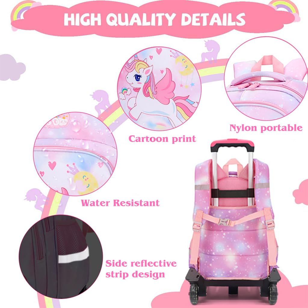 FANCYKU School Bags for Girls Kids Unicorn Bags for Girls School Bags on Wheel Detachable Wheel Stand Gift School Bag