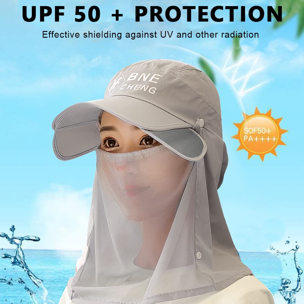 PALAY Sun Hat for Women Wide Brim Sun Cap with Removable Face Neck Cover Flap, Breathable Sun Protection Visor Hats for Beach Fishing - Grey
