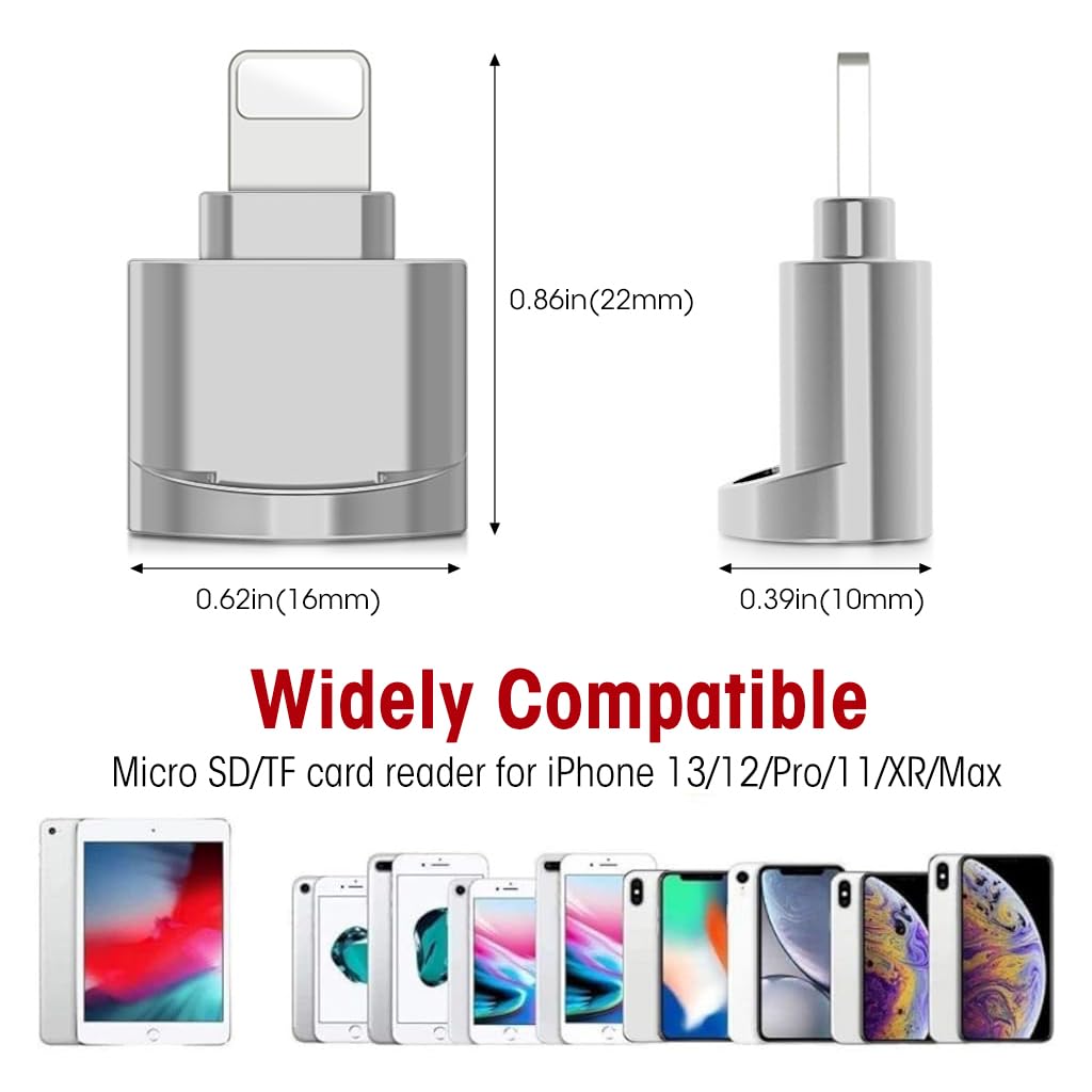 Verilux Micro SD Card Reader for iPhone iPad, Micro SD/TF Card Reader Memory Card Reader for iPhone Plug and Play Card Reader for iPhone 13/12/Pro/11/X/XR/Max