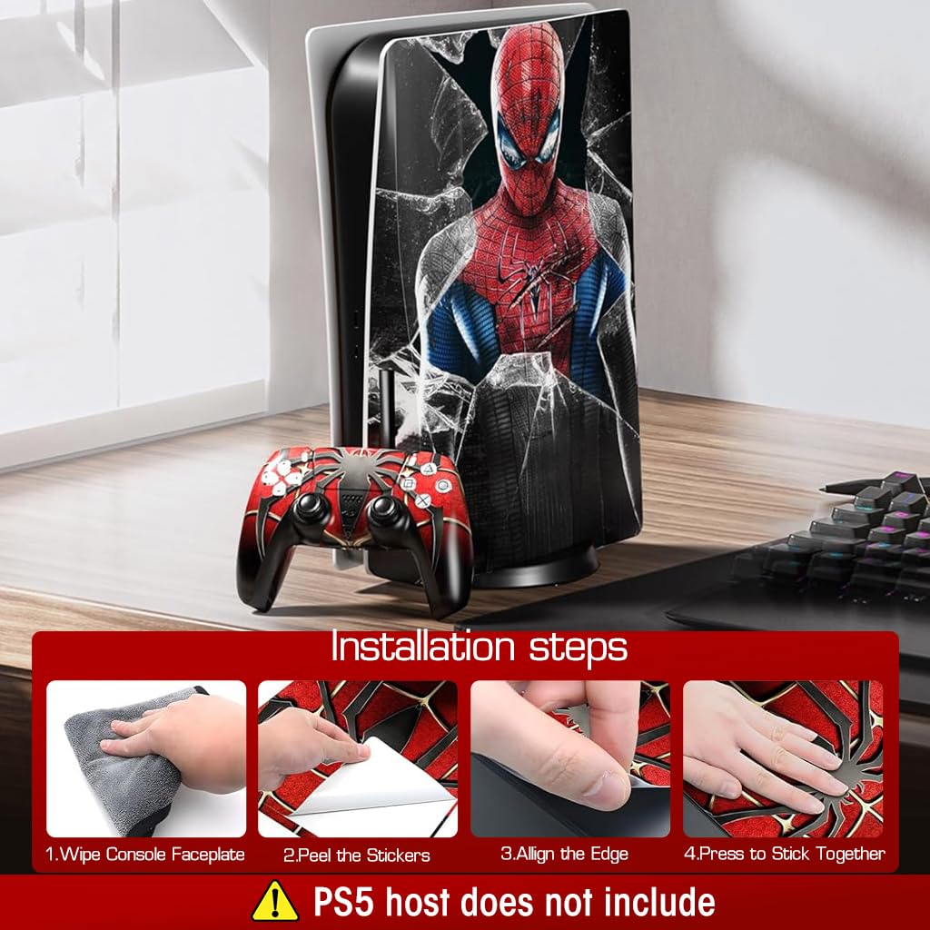 ZORBES Skin Cover Sticker for PS5 Disc Edition Game Console and Controller Spiderman Themed Skin Cover Vinyl Sticker Creative Anti-Scratch Sticker for PS5 Disc Edition Game Console and Controller
