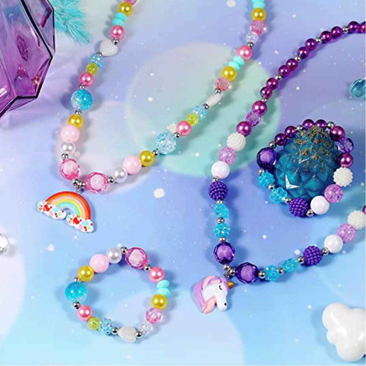 SANNIDHI® Set of 3 Necklace Bracelet Set for Girls Princess, Unicorn Mermaid Rainbow Charms Beads Necklaces Stretchy Chunky Jewelry Kit for Toddlers Kids Dress Up Costume Party