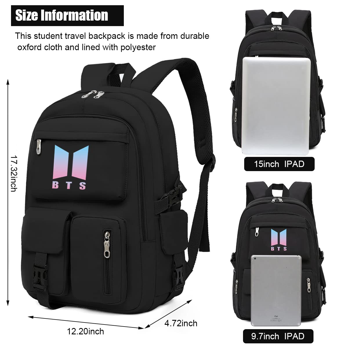 PALAY BTS Bags for Girls School Bags Kpop BTS Bangtan Theme Prints Casual Backpack for Student Laptop Bag College School Bag for Boys