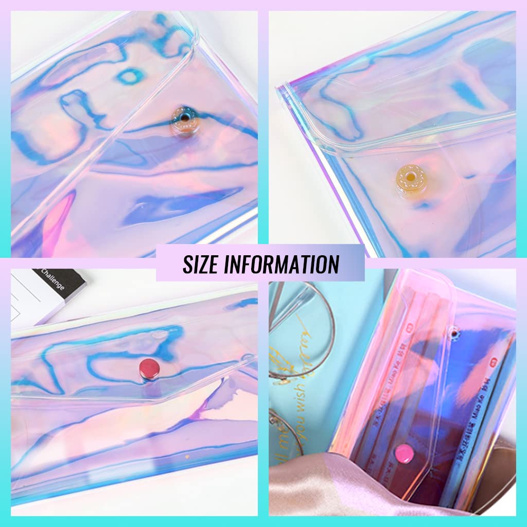 MAYCREATE Pencil Pouch for Girls, Iridescent Clear Pencil Case Holographic Bags for Women, Cute Glittery Coin Purse, Small Cosmetic Makeup Brush Bag (20*9cm, Button Closure)