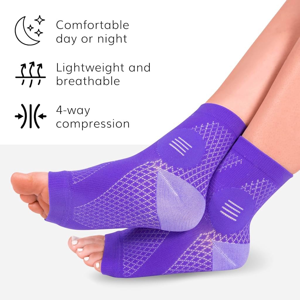 HANNEA 1Pair Ankle Compression Sleeve, Compression Socks for Plantar Fasciitis, Achilles Tendonitis Relief, Open-Toe Foot Sleeves for Men and Women for Foot Swelling, Fatigue & Sprain, M(Purple)