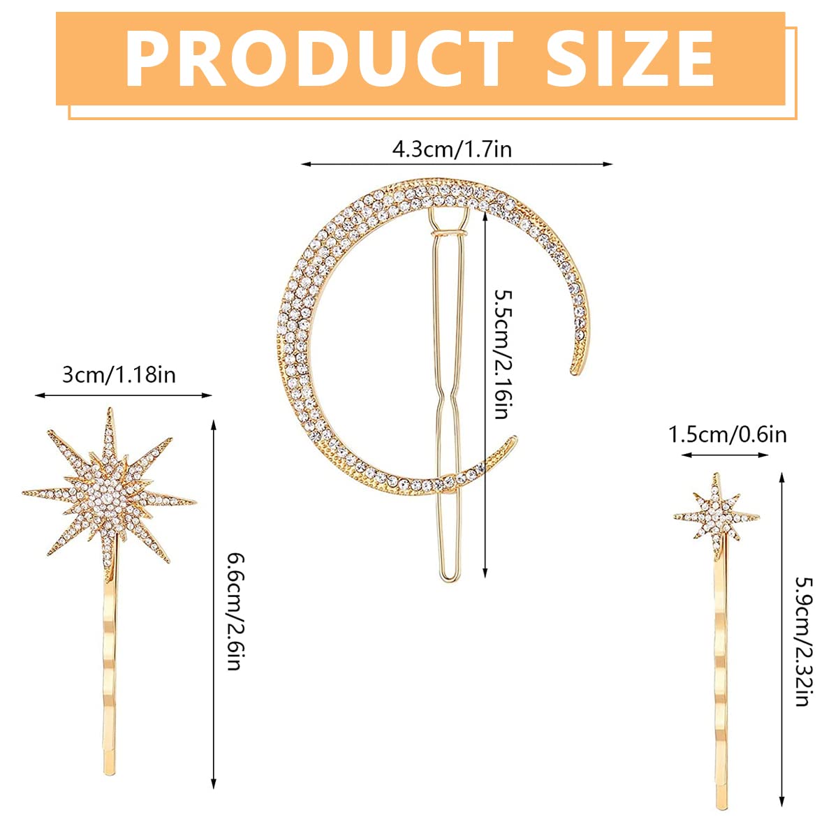 SANNIDHI 3 Pcs Star Moon Hair Clips for Women Stylish Latest Hair Pin for Girls, Alloy Rhinestone Korean Clips for Hair Accessories Bobby Pins Side Grips Hairpin