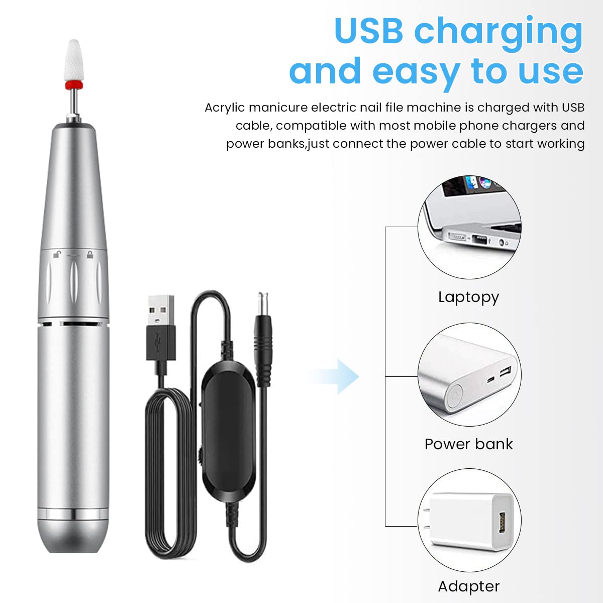 MAYCREATE Nail Drill Machine with Drill Bit Professional 30000rpm Adjustable USB Nail Drill Machine for Gel Nail, Salon Nail Drill Machine Portable Manicure Pedicure Drill for Nair Art