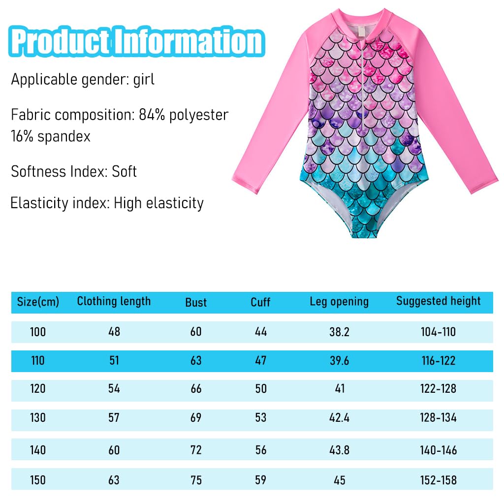 PALAY Swimming Costume for Girls, One Piece Mermaid Swim Suit for Kids Girls, Long Sleeve Stretchy Swimming Suit Swimsuits Beach Wear Swimwear for 5-6 Years Old Bathing Suit