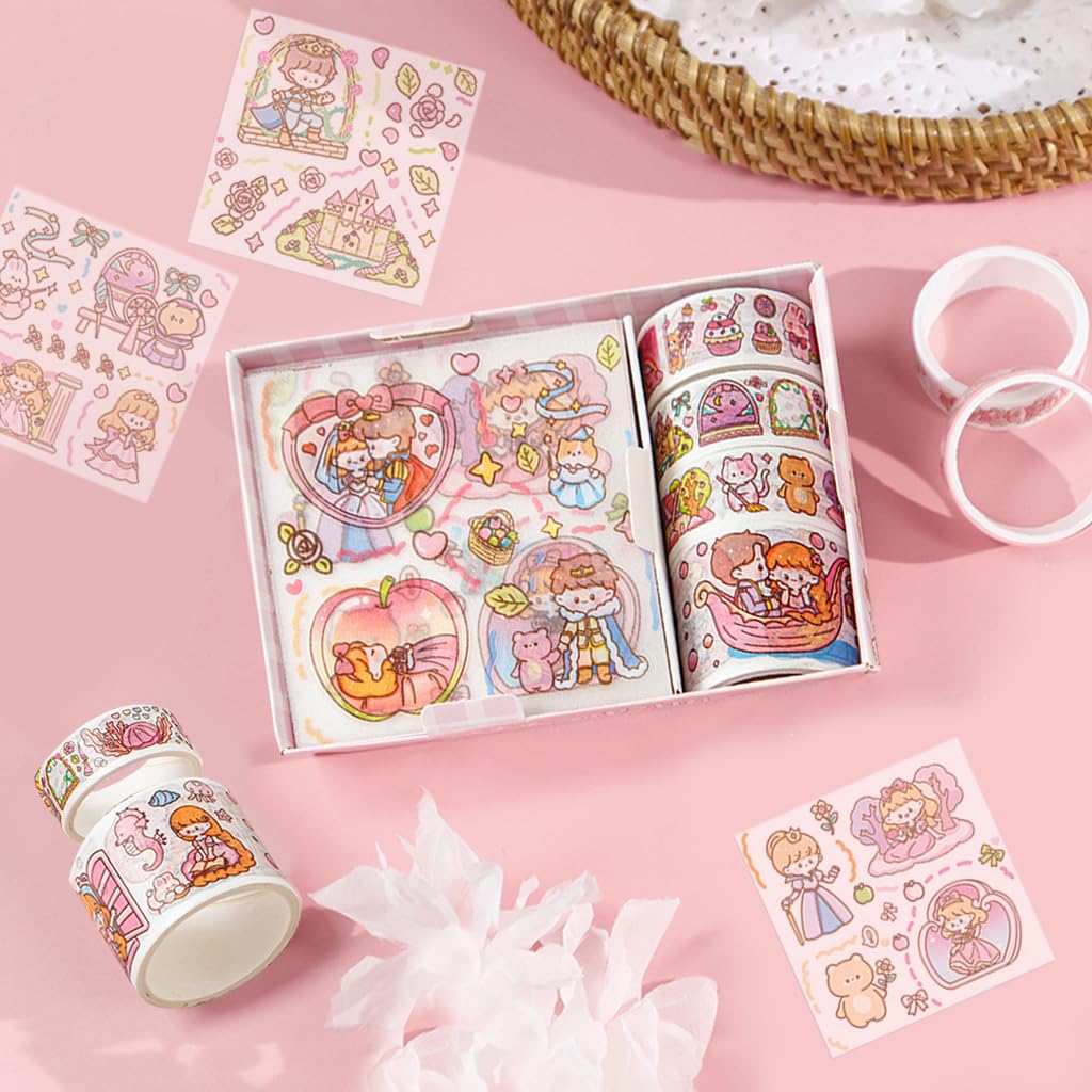 HASTHIP 4 Rolls Kawaii Scrapbooking Cartoon Sticker Tape Masking Tape with 4 Sheet Cute Cartoon Stickers DIY Decorative Stickers for DIY Art Craft Album Scrapbook Diary Gift Decoration, Pink
