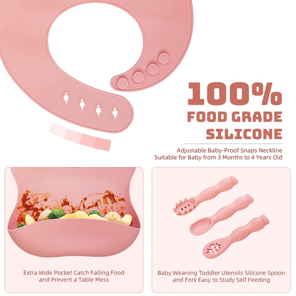 SNOWIE SOFT Baby Feeding Set of 10Pcs Food Grade Toddlers Silicone Food Plate Sipping Cup Bowl Set with Silicone Bib, Baby Cutleries, Self-Feeding Tableware Set for Toddlers, Sterilizable, Pink