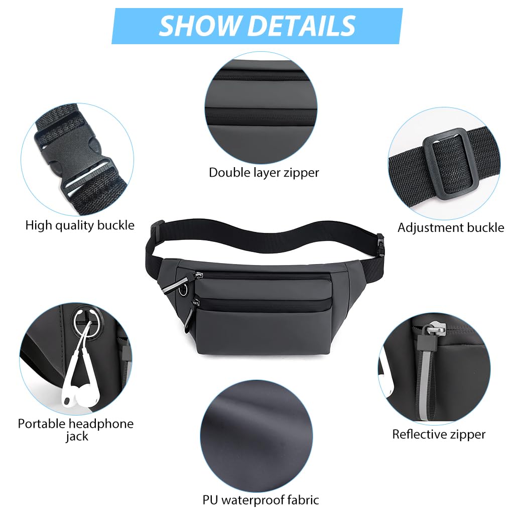 GUSTAVE Waist Bag for Men Women, Stylish Side Bag for Men Fanny Pack for Men Waist Pouch for Men Chest Bag for Outdoors Workout Traveling Casual Running Hiking Cycling (Grey)