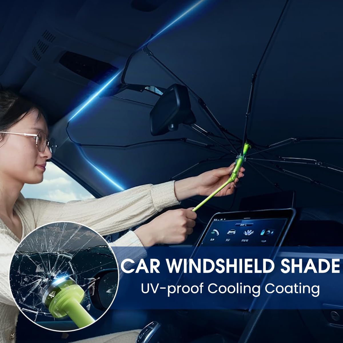 STHIRA Car Windshield Sun Shade UPF 50+ UV Protection 2 in 1 Car Umbrella with Glass Hammer Rearview Mirror Friendly Car Sun Shade Protector Quick Install for Auto Sedan, SUV, 145x75cm Car Sunshade