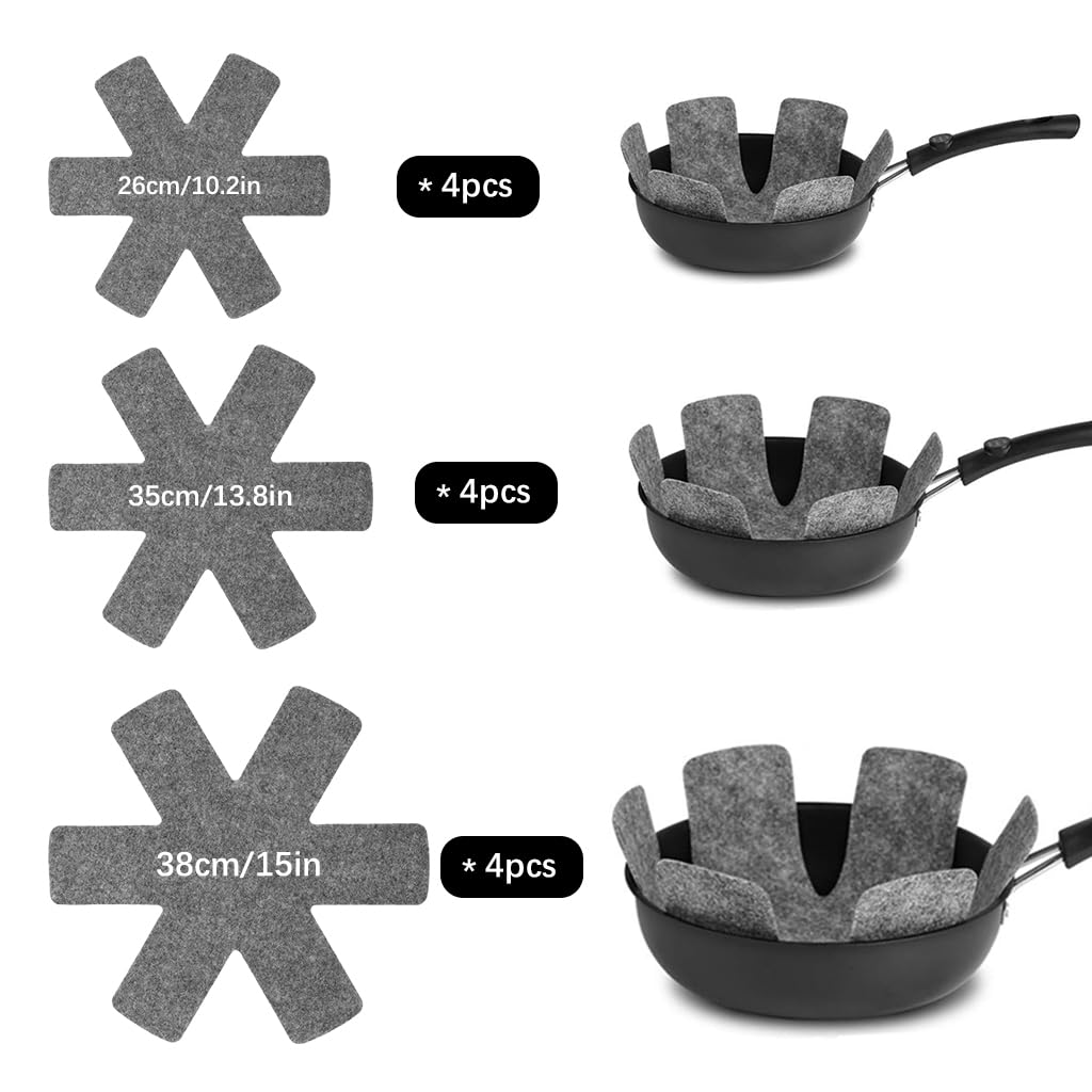 HASTHIP 12Pcs Pot Protectors 3 Sizes Universal Pots Pans Felt Lining Protectors 2mm Thickness Non-Woven Fabric Cookware Pads Multi Purpose Reuseable Stacking Anti-Scratch Pads Table Protectors