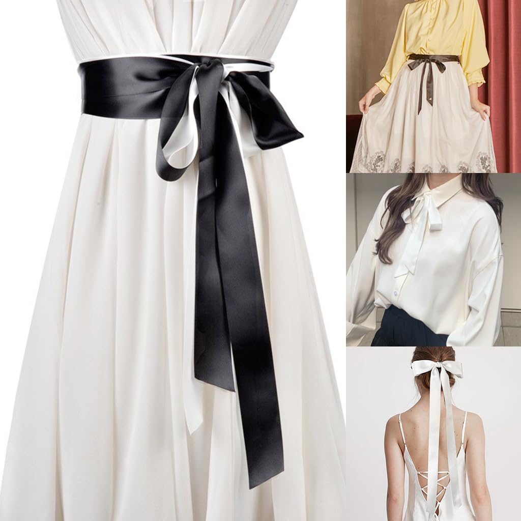 PALAY Chiffon Sash Belts Black and White Set of 2pcs Chiffon Sash Belts Luxury Silk-touch Waist Belt Dress Sash Belt for Dresses, Blouses, Evening Dress, 1.5 inches x 125 inches