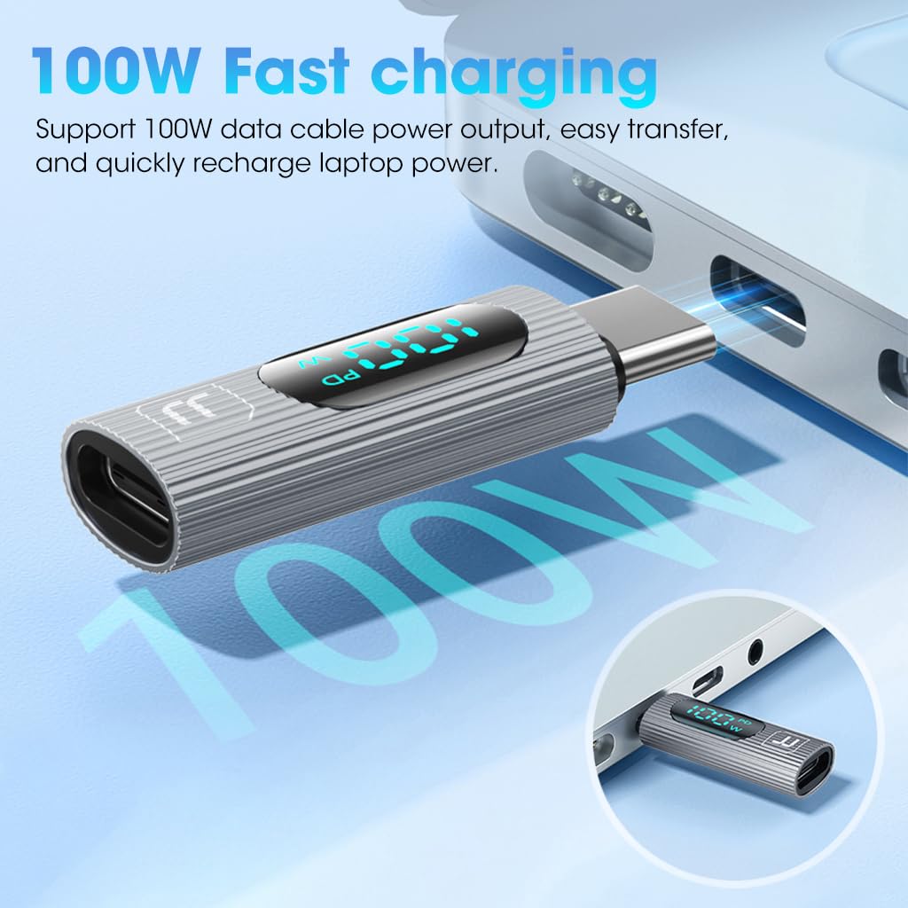 Verilux USB C Adapter USB C Male to Female USB C Adapter Support 480mbps Data Transfer, 100W PD Fast Charging with LCD Digital Display Compatible for MacBook Pro/Air, USB-C HUB/Dock