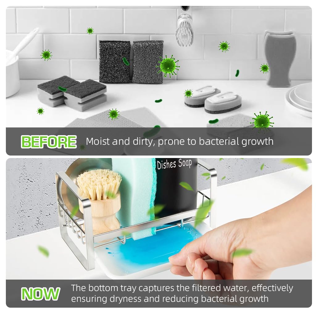 ZIBUYU Sink Organiser in Kitchen Stainless Steel Soap Holder for Kitchen Flat And Wall Mounted Sink Dish Drainer Basket Kitchen Organiser with Detachable Drainage Tray