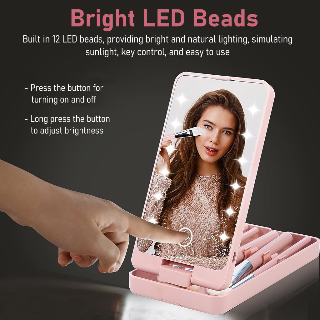 MAYCREATE Vanity Mirror with Light, 2 in 1 Rotatable Personal Beauty Mirror with 5 Makeup Brushes, LED Lights Dimmable Touch Screen Travel Lighted Mirror for Women and Girls