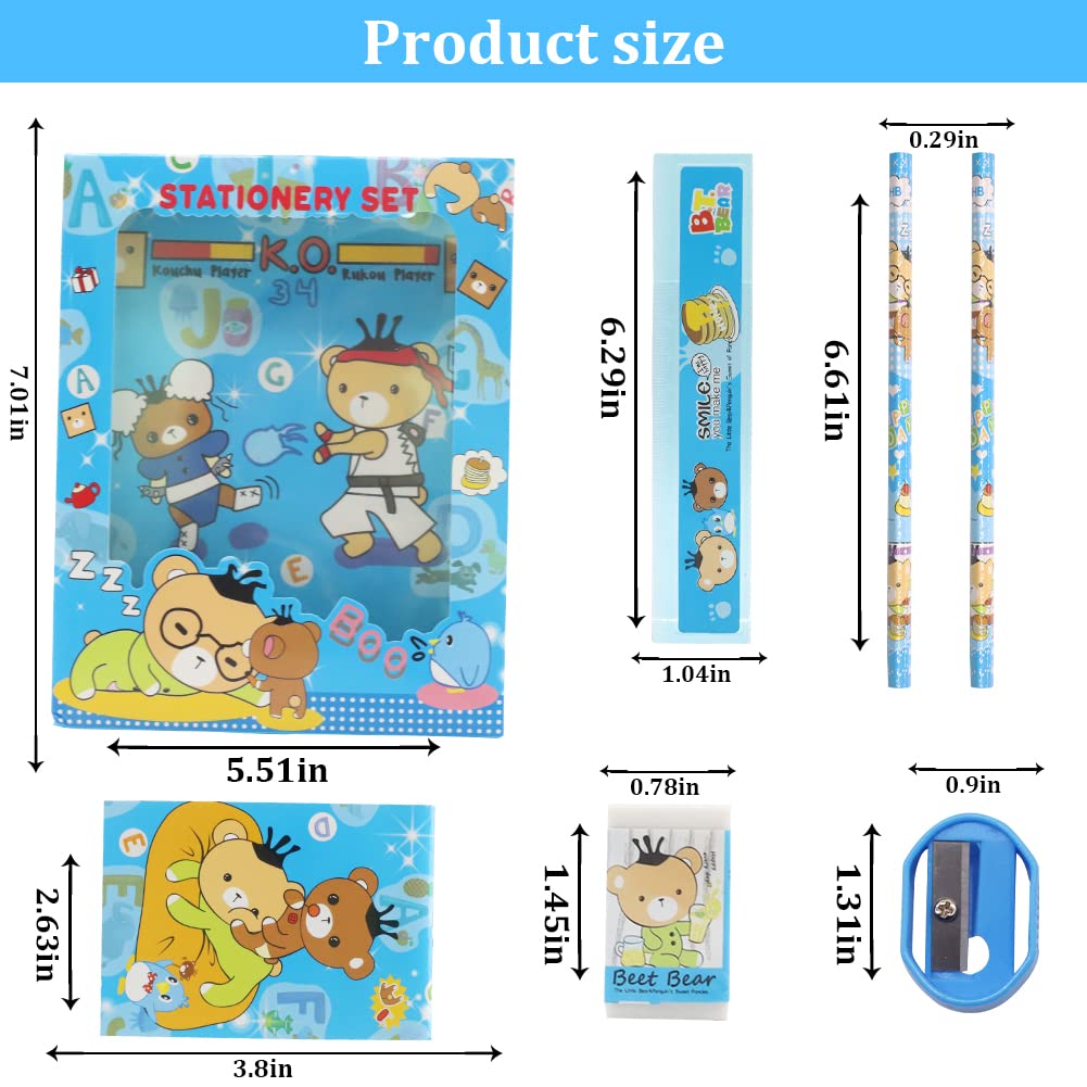 HASTHIP 6PCS Pencil Set for Girls, Pencil for Kids Girls, Stationary Set for Girls, Include 2 Pencils, 1 Pencil Sharpener, 1 Notebook, 1 Cartoon Ruler, 1 Eraser (Blue)
