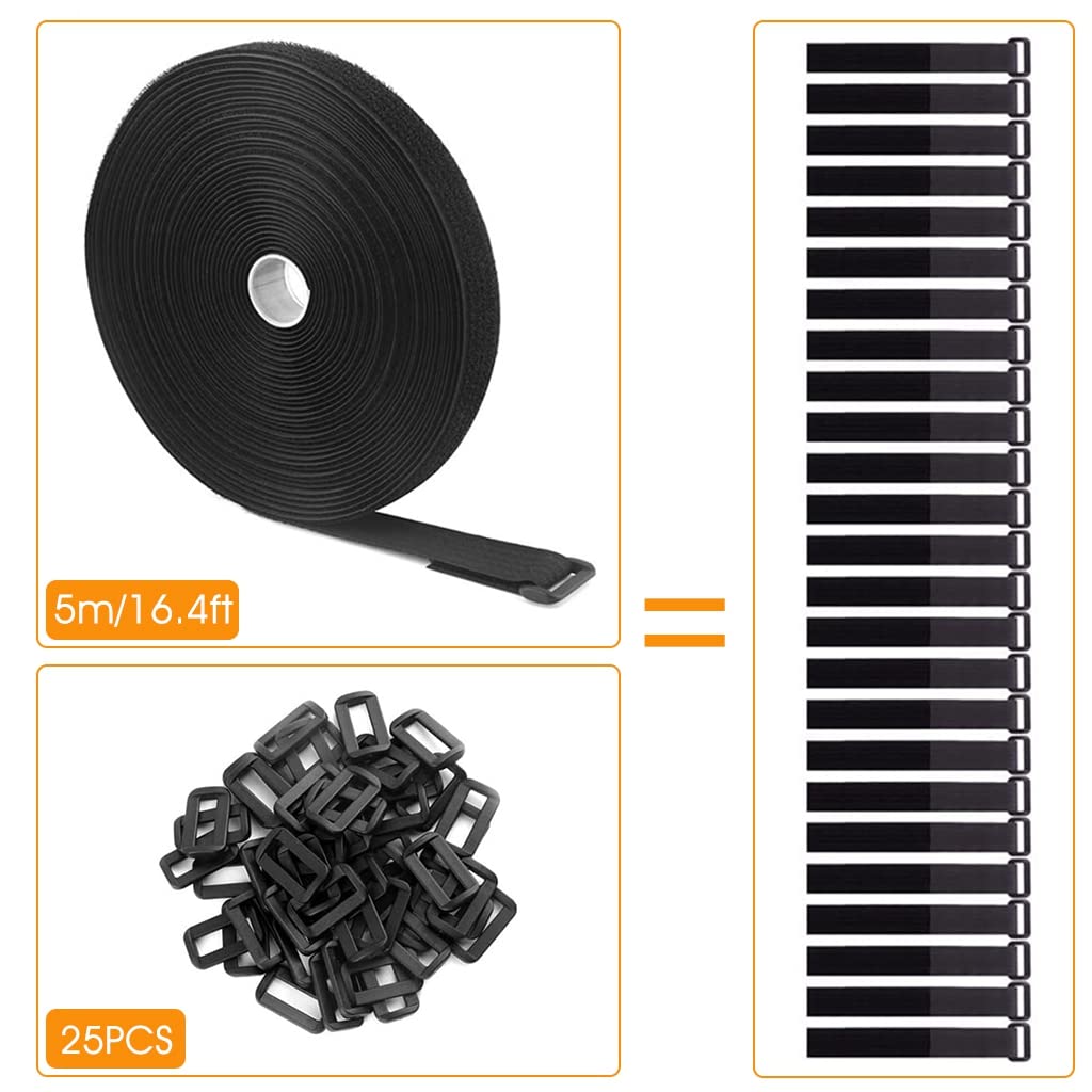 HASTHIP Cable Organiser, Cable Ties Strap, Adjustable Multipurpose Hook and Loop Securing Straps for Wire Tie Curtain Marker Straps Belts, 5m+25 Plastic Buckles