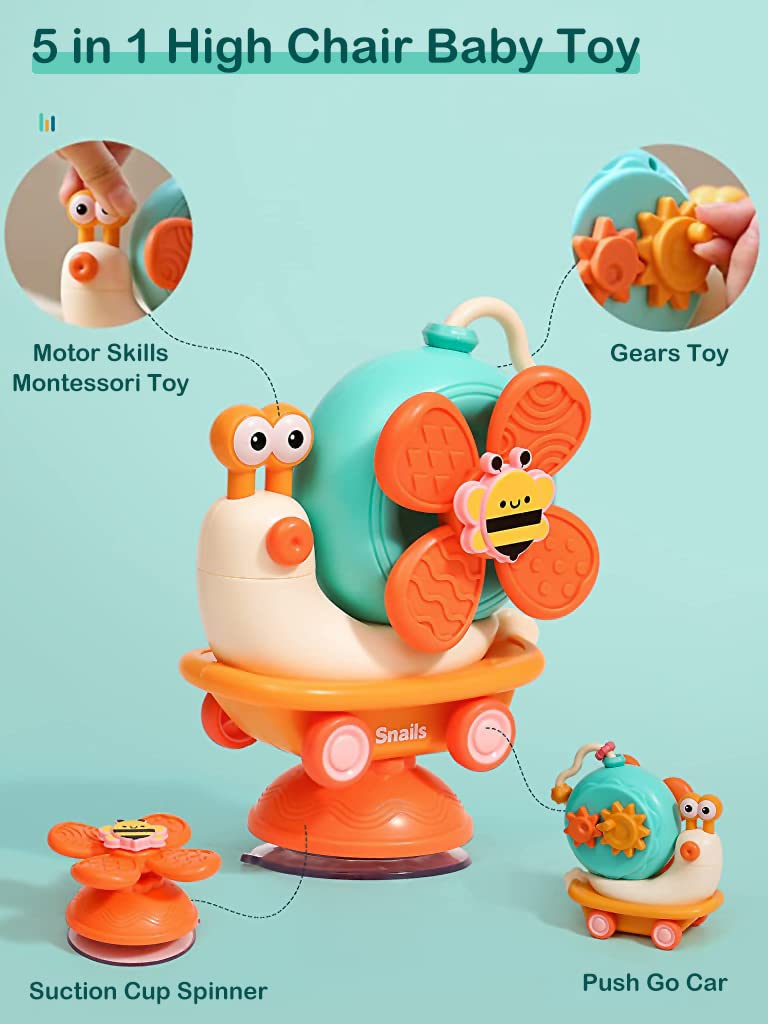 PATPAT Baby Bath Toys Cartoon Snail Sensory Toys for Babies Newborn Toys Pull Back Car High High Chair Toy for Airplane Travel, Montessori Toys & Gifts for Toddlers Boys Girls 1-3 Years Old, Orange