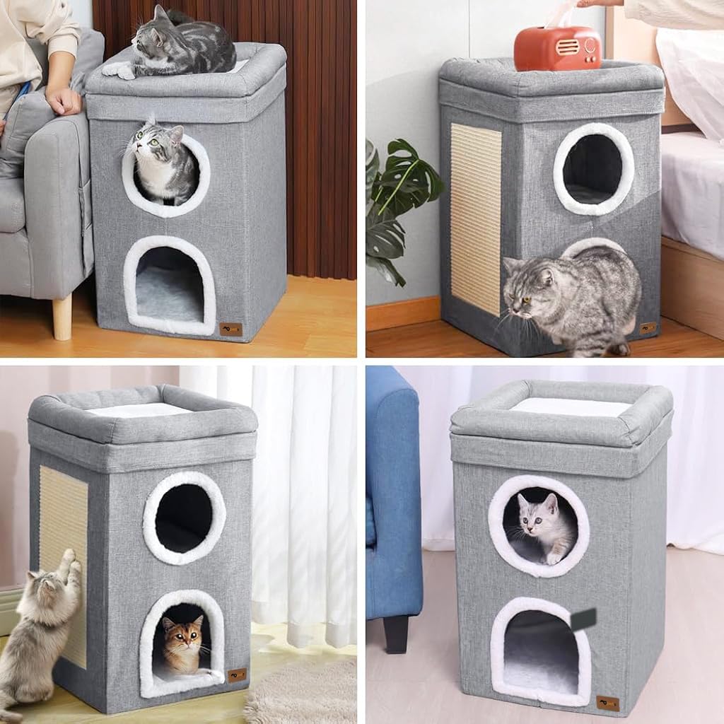 Qpets Cat Beds, 3-Layer Cat House Cozy Cotton Fodable Vertical Cat House with ATOP Bed & Scratch Board, Warm Cat Bed Hide Cat Cave Multi-Entry Game Tunnel Suitable for All Seasons