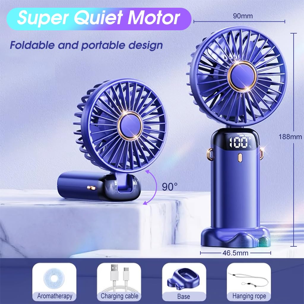 Verilux Hand Fan Mini Handheld Fan, 5000mAh Rechargeable with 5 Speeds, Battery Operated Mini Fan Foldable Desk Desktop Fans with LED Display for Home Office Bedroom Outdoor Travel (Wathetblue)