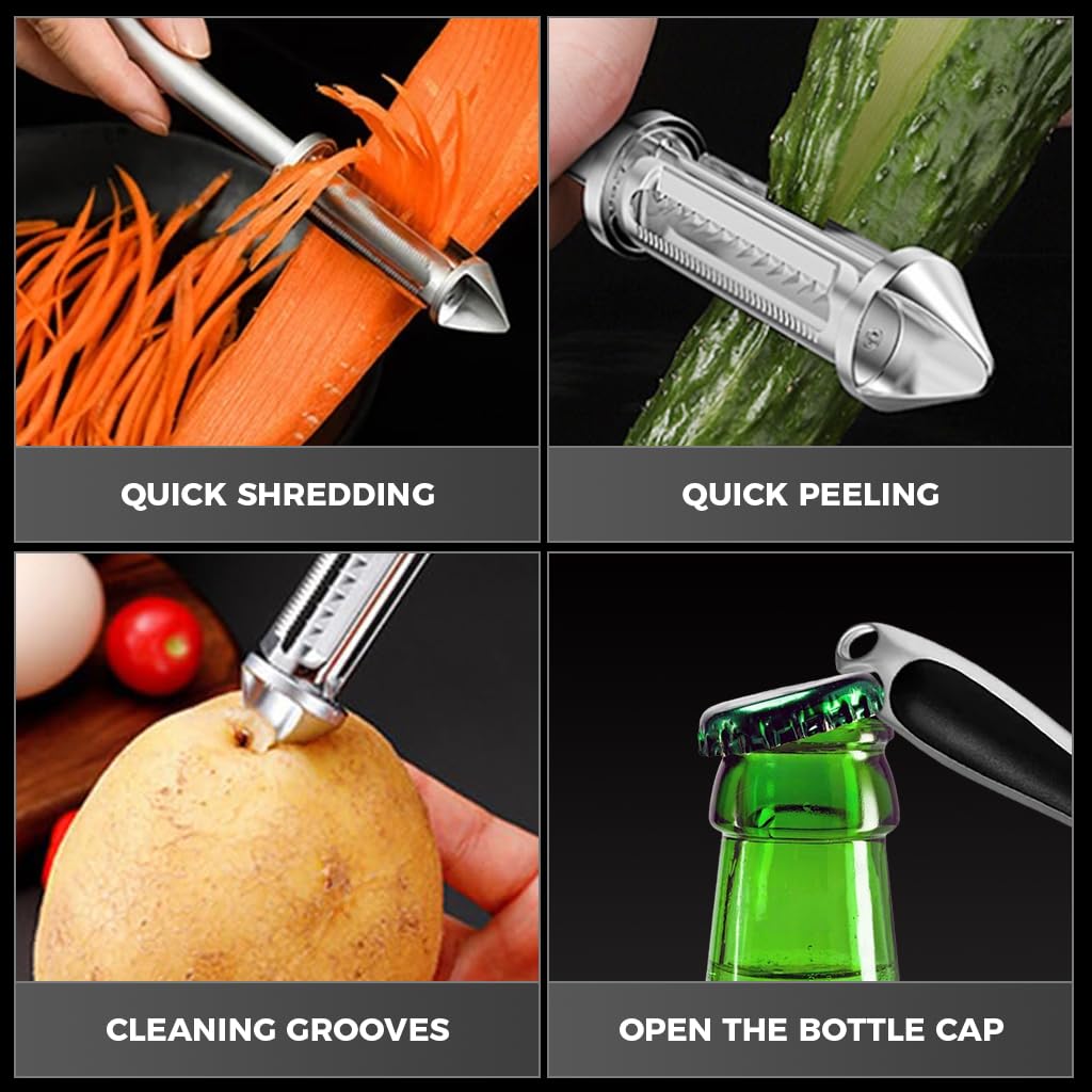 Supvox 5 in 1 Multipurpose Kitchen Peeler with Core Remover, Grater, Julienne Peeler for Carrots, Potatoes, Cucumbers, Carbon Steel Peeler for Potato, Apple, Veggies, Carrot, Kiwi, Cucumber
