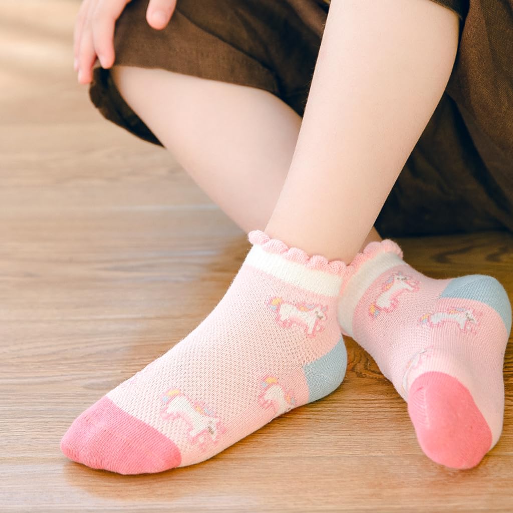 PALAY 5 Pairs Kids Socks Girls Socks Breathable Cotton Mesh Socks Home Socks Cartoon Unicorn Cotton Socks for Girls 6-8 Years Old