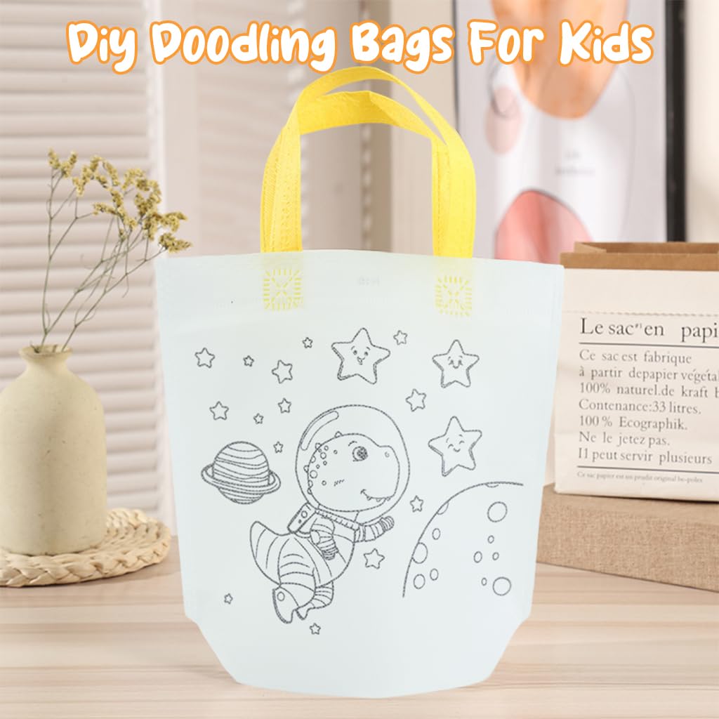 HASTHIP DIY Painting Bags for Kids Set of 12Pcs Non-woven Pre-outlined Cartoon Doodle Hand Bag Coloring Craft Kit Kids Reuseable DIY Coloring Handbags