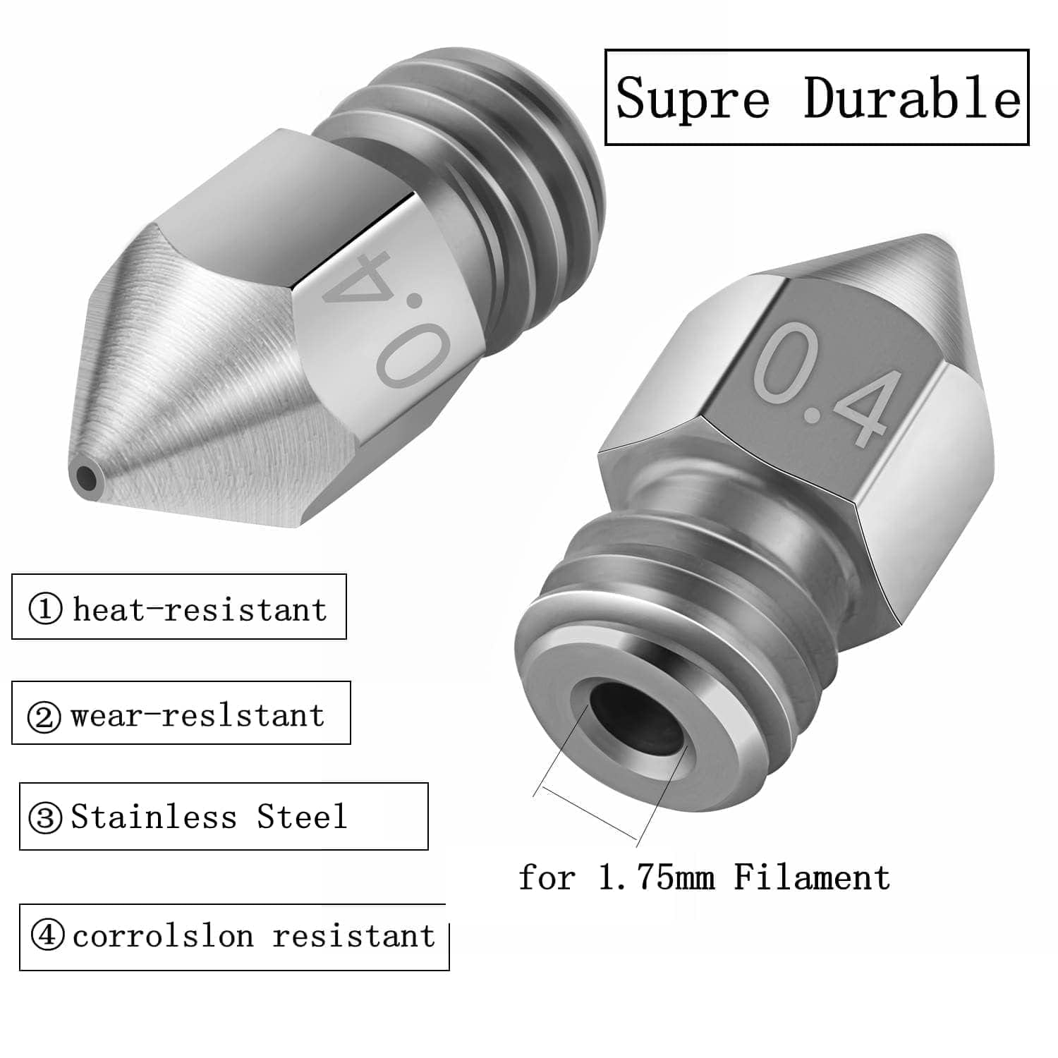 Serplex 32PCS MK8 Nozzles 3D Printer Extruder Nozzles Hardened Steel, Stainless Steel, Brass High Temperature Pointed Wear Resistant Nozzle 0.4mm Compatible with CR-10 Ender 3/ V2 Ender3 pro