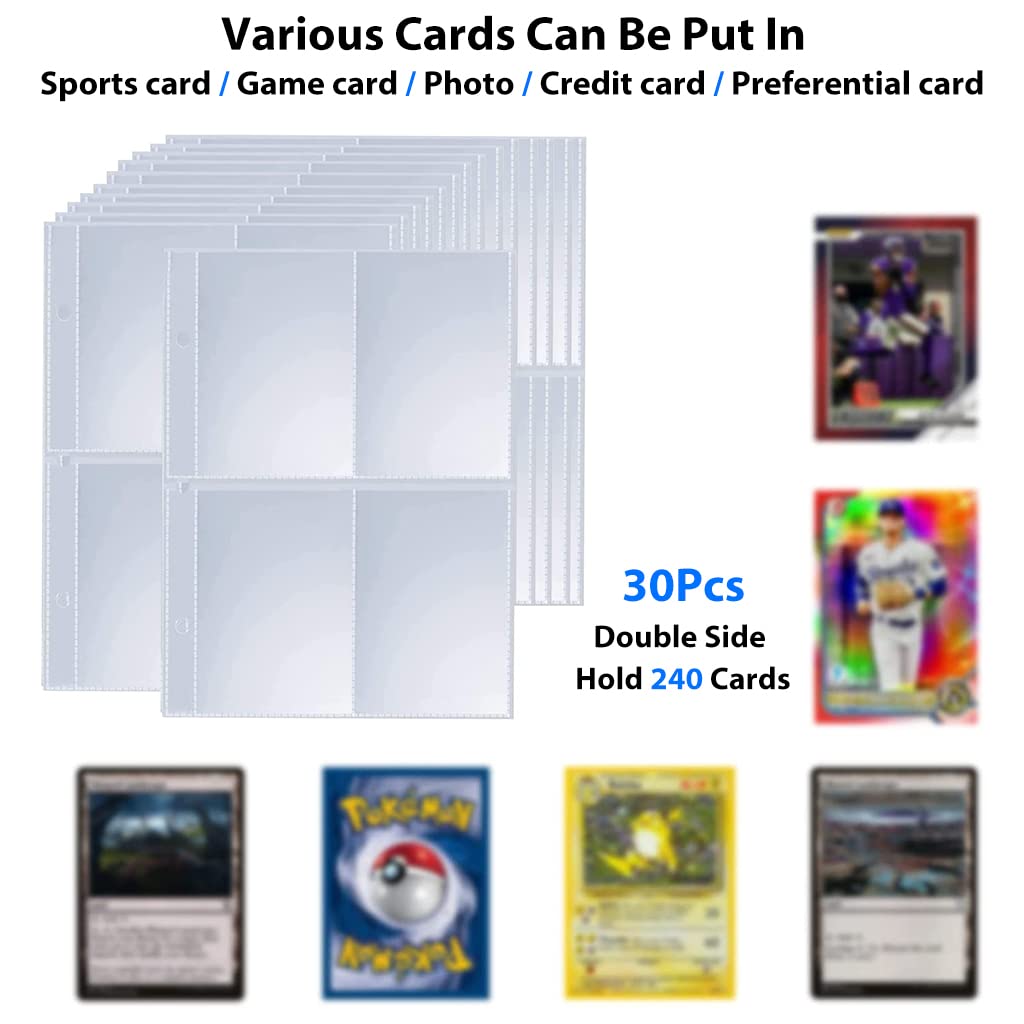 PATPAT Poke-mon Cards Sleeves, 30Pcs Double Side 4-Slots Trading Cards Sleeve Pages for Trading Card Album, Fits 3 Ring Binder, Hold 240 Cards Compatible for Amii-bo, Poke-mon, Yu-gioh MTG Game Cards