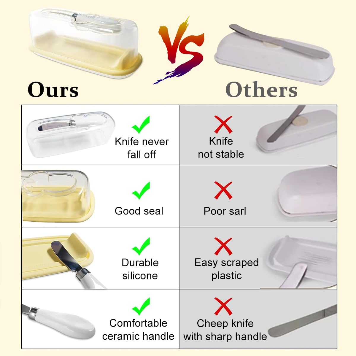 HASTHIP Butter Dish with Lid, Covered Butter Dish with Butter Knife for Countertop, Airtight Butter Container with Cover Perfect for East West Coast Butter