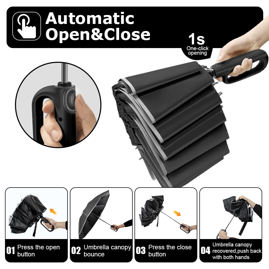 PALAY Large Umbrella for Men Women with Reflective Strap, 50'' Automatic Open/Close Windproof Travel Folding Umbrella, Reinforced 10 Dual Ribs, 99 UV Protection Umbrella with Carabiner Handle Design