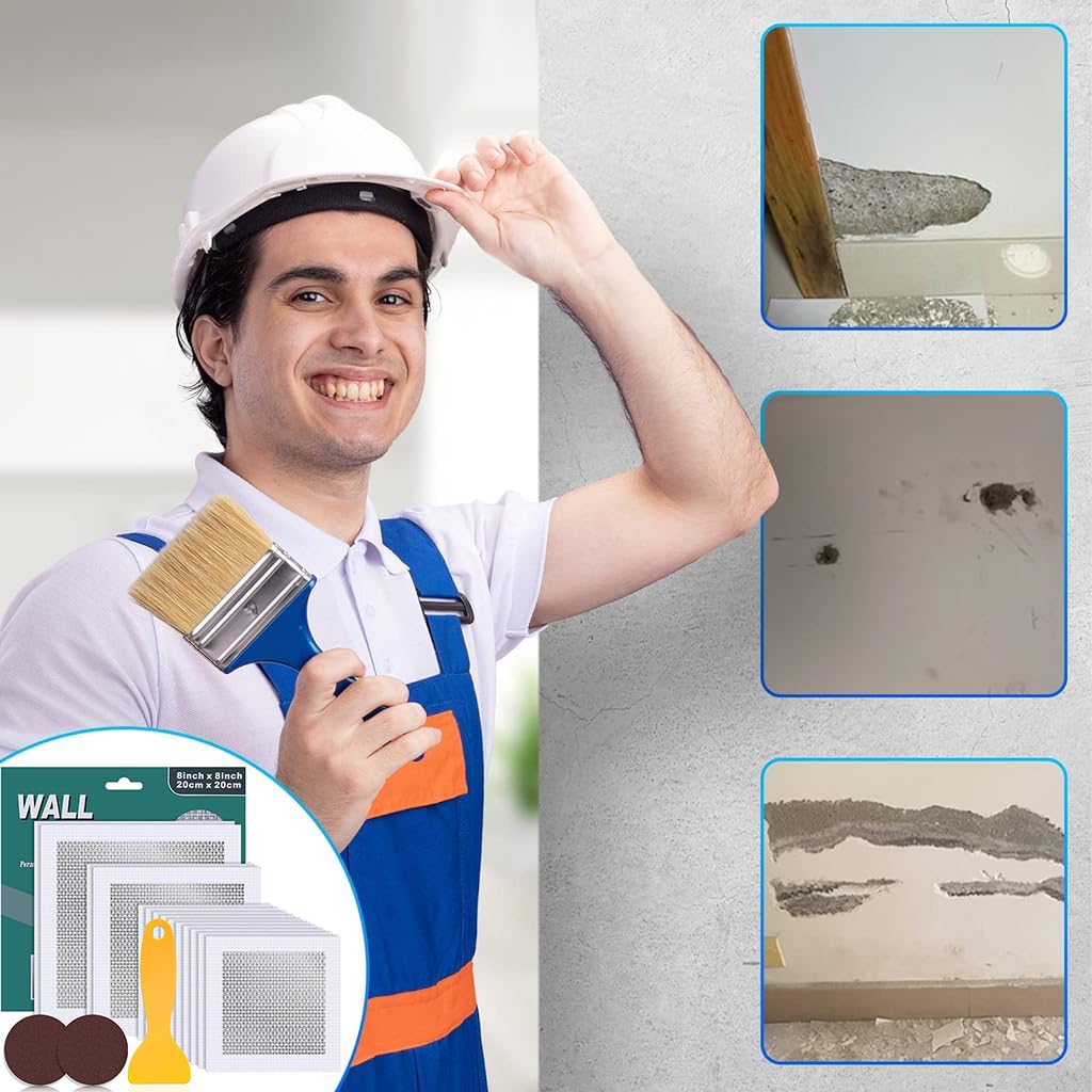 Serplex Drywall Repair Kit 14 Pieces Aluminum Wall Repair Patch Kit, 4/6/8 inch Fiber Mesh Over Galvanized Plate, Dry Wall Hole Repair Patch with Scraper, Sand Papers, Extended Self-Adhesive Mesh