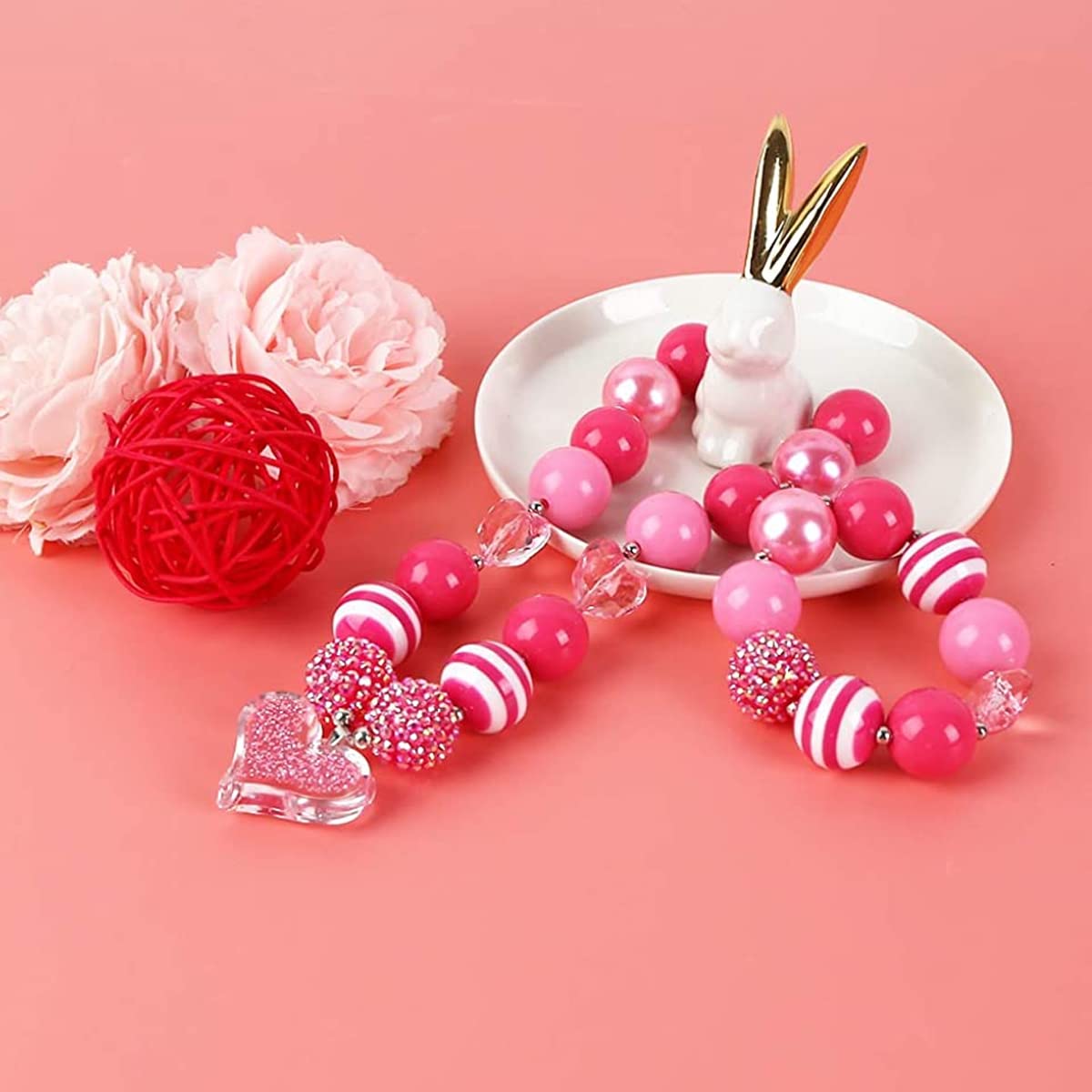 SANNIDHI 2 Pcs Set Necklace Bracelet for Girls, Lovely Stretchy Bead Bracelet Heart Charm Necklace for Girls Toddlers Kids Princess Dress Up Jewelry Gift Party Favor