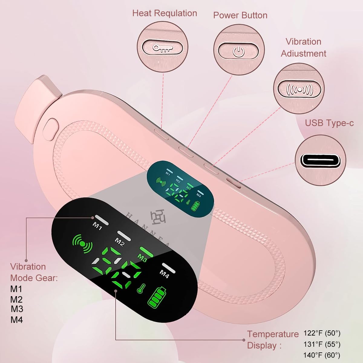 HANNEA Electric Cordless Heating Pad for Period Pain, Cramp Relief, Back Pain in Period, Belly Warmer Heating Pad with 4 Heat Levels 4 Vibration Modes, Caring Gift Heating Pad Belt for Women