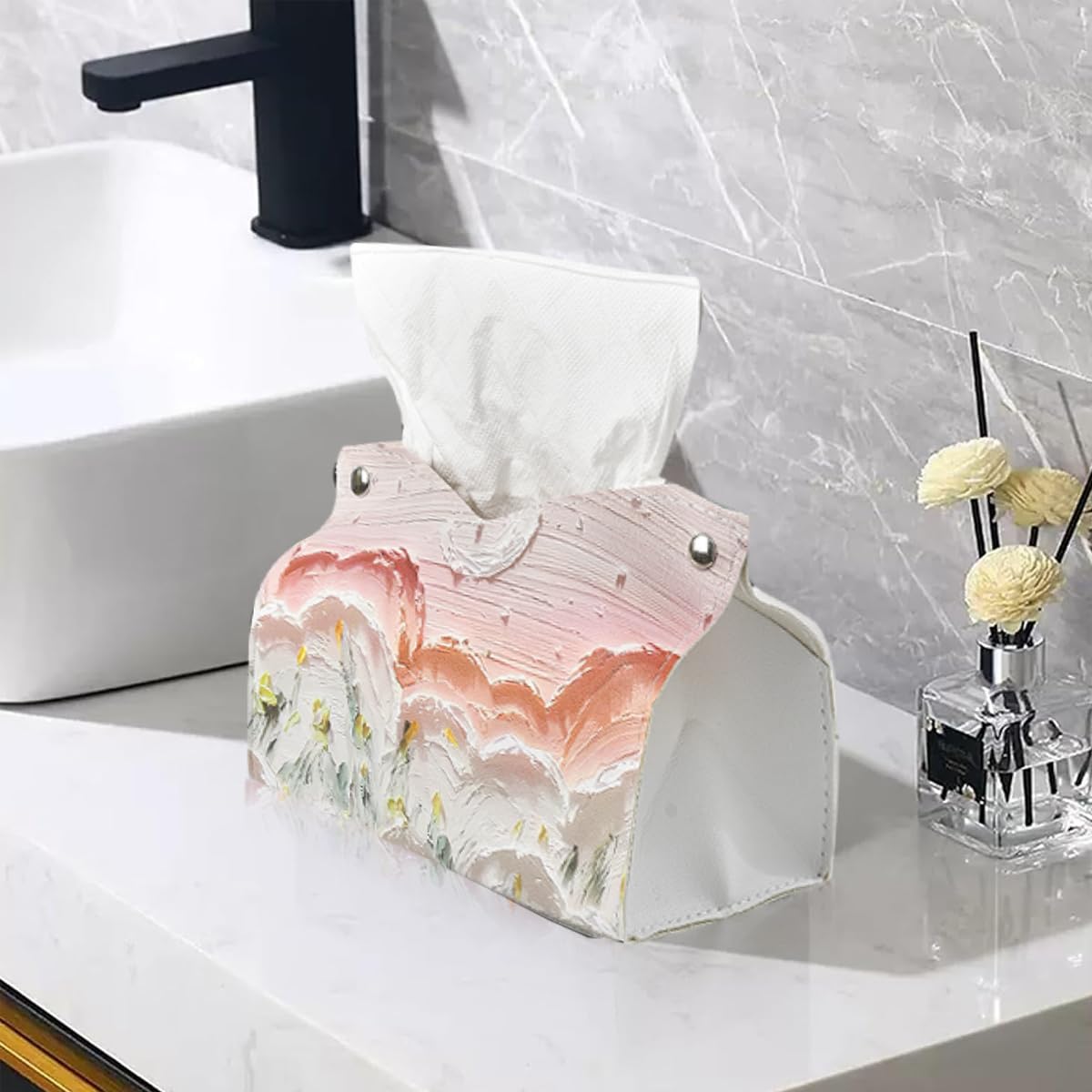 HASTHIP Car Tissue Box Tissue Paper Box PU Pink Floral Print Face Tissue Box Holder High Class Tissue Box Holder for Living Room, Office, Car, 19x14cm