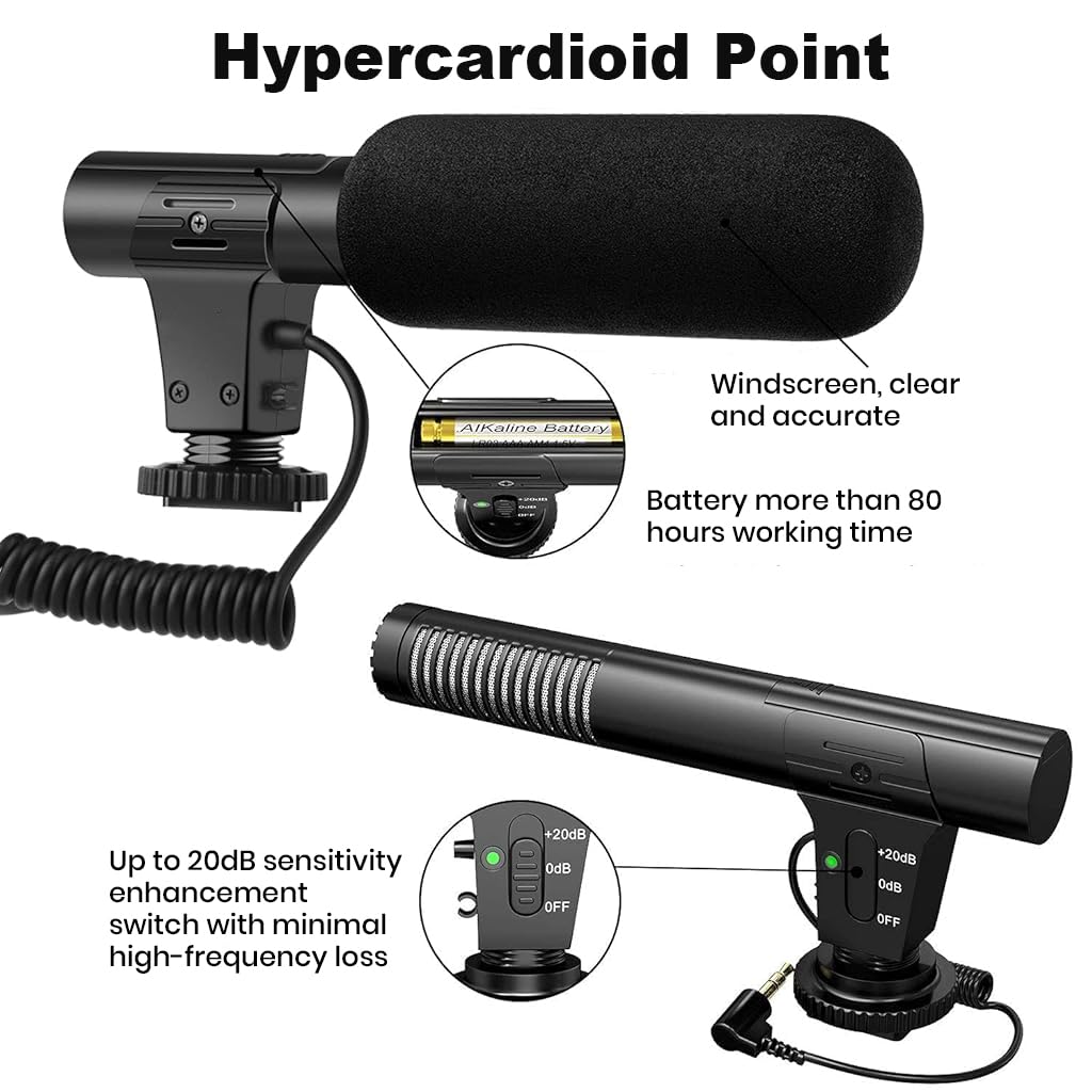 ZORBES Camera Microphone Supercardioid Directional Camera-mount Shotgun Microphone Video Microphone Battery Operated Shotgun Microphone Universal Compatible with Standard Microphone Mount & Hot Shoe