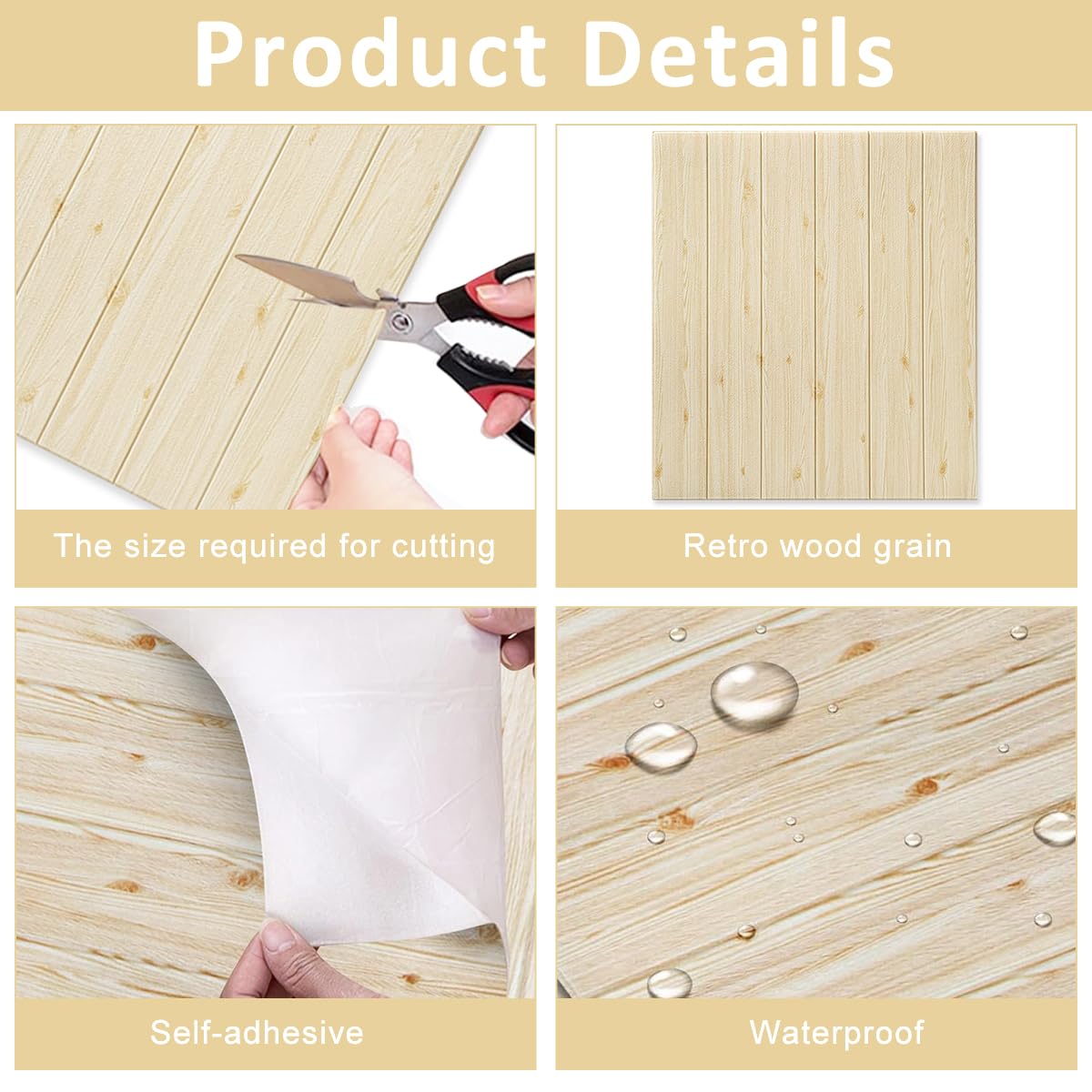 HASTHIP 6Pcs 3D Wall Stickers 27.5 Inches Square Beige Wooden Texture Wall Stickers Self-adhesive Wall Stickers for Home Decor Decorative Background Wall Stickers for Bedroom, Living Room