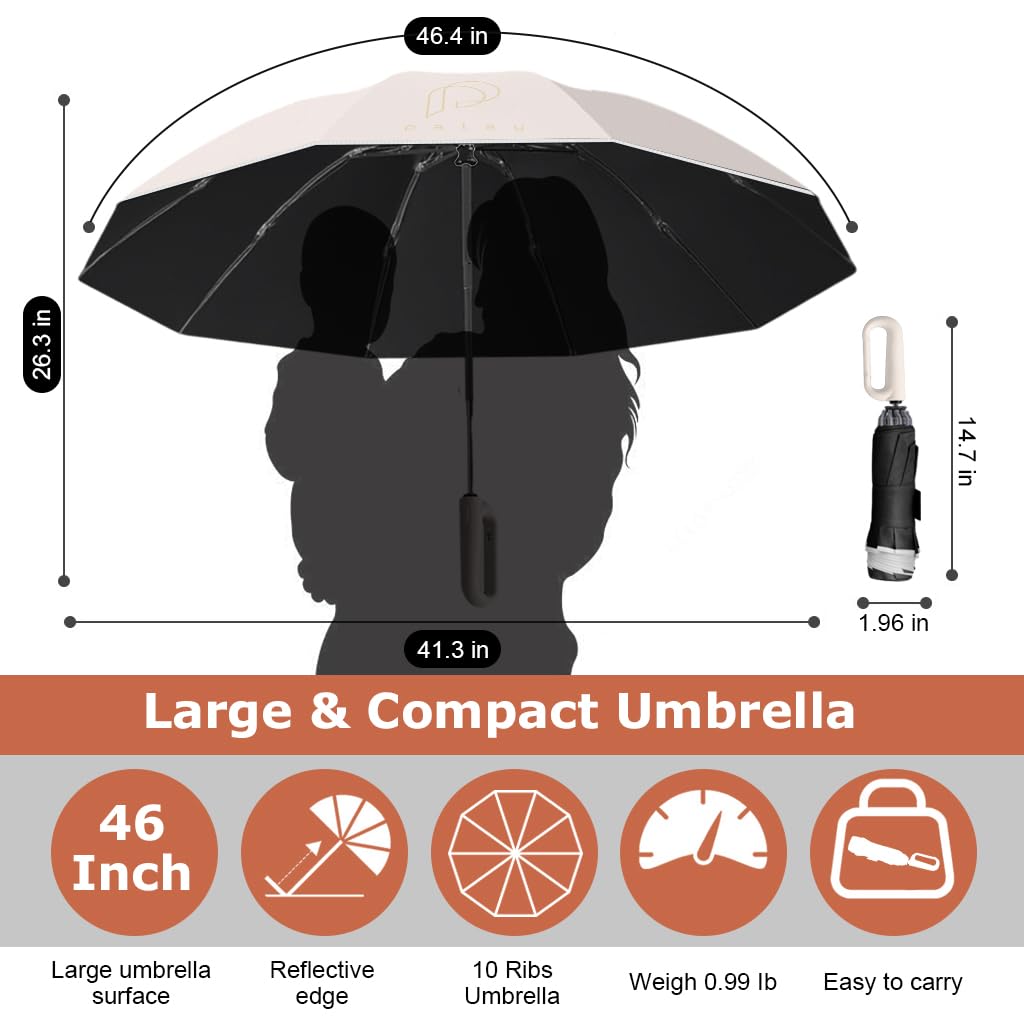 PALAY Large Umbrella for Men Women with Reflective Strap, 50'' Automatic Open/Close Windproof Travel Folding Umbrella, Reinforced 10 Dual Ribs, 99 UV Protection Umbrella with Carabiner Handle Design