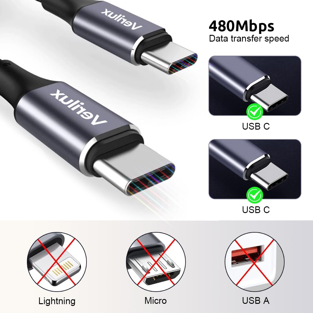 Verilux Type C to Type C Cable, 6.6Ft 100W Fast Charging USB C Cable, 480Mbps Data Transfer Nylon Braided USB Type C Male to Male Cable for MacBook Pro 2020, iPad Pro 2020, iPad Air 4, Samsung S23