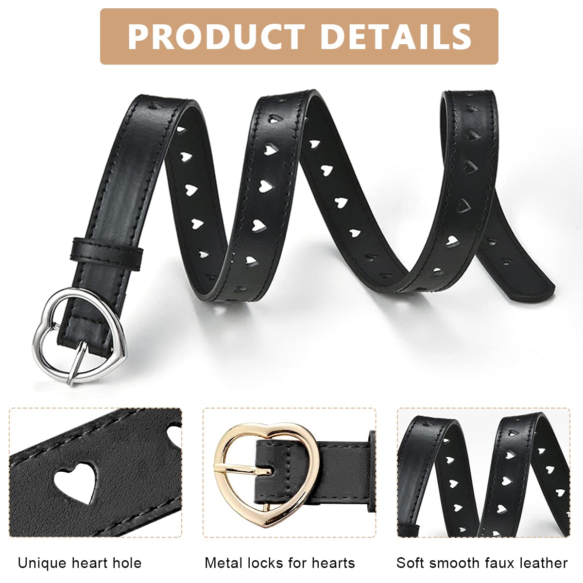 PALAY Kids Belt for Girls 6-12, 2Pcs Fashion Girls Belt PU Leather Hollow Heart Metal Buckle Belt for Girl Jeans Dress Pants Gift (Black & Brown, Suit for Waist 26-30
