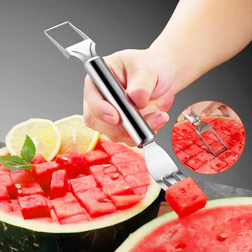 HASTHIP 2-in-1 Watermelon Cutter & Fork Watermelon Slicer 9.4 Inches Stainless Steel Melon Cutter Slicer and Fork Dual Head Design Watermelon Cutter Fork