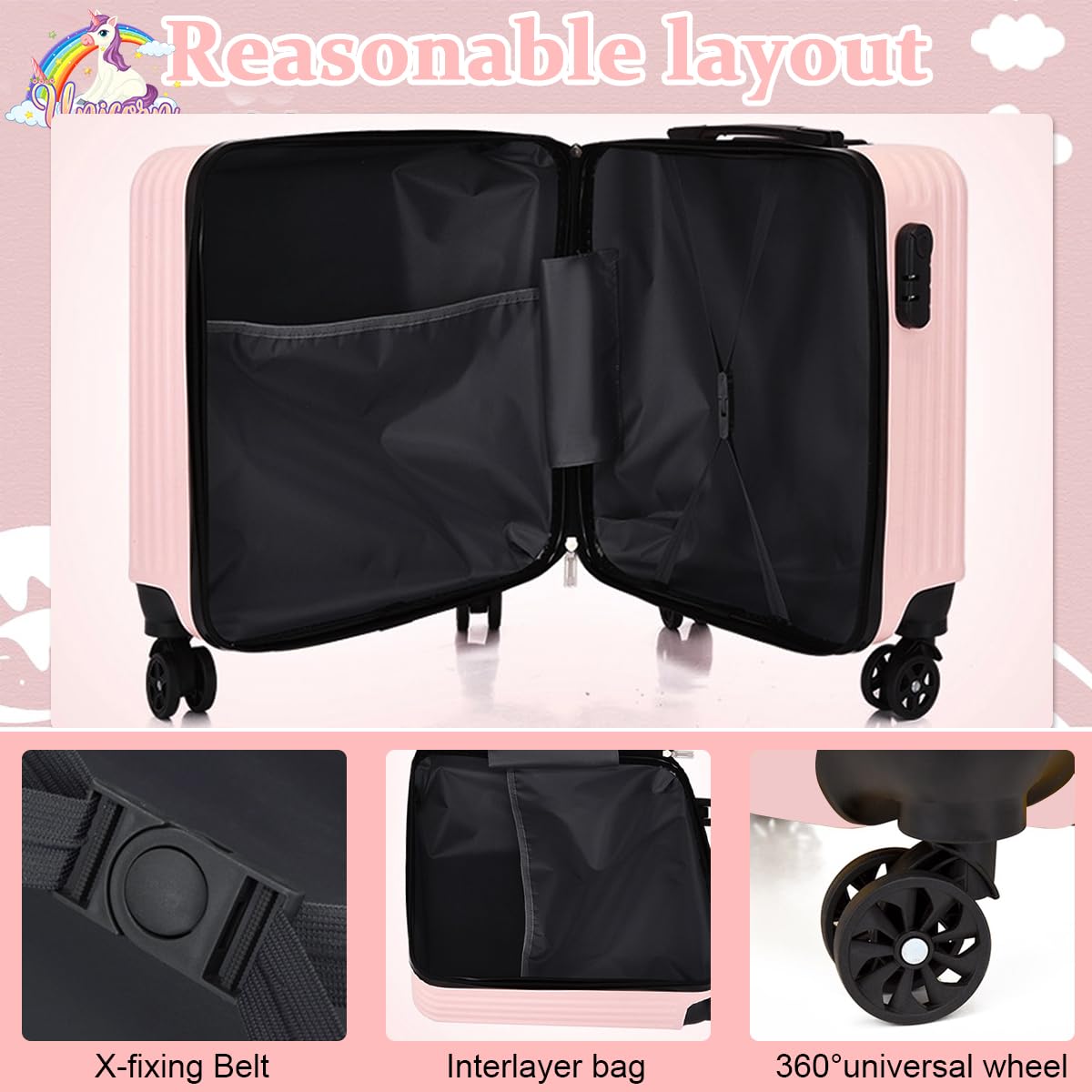 PALAY Kids Travel Luggage 20'' Wheeled Luggage with Combination Password Lock Sturdy PC Travel Suitcase Cute Cartoon Unicorn Carry-on Wheeled Luggage Travel Roller Luggage School Gift for Students